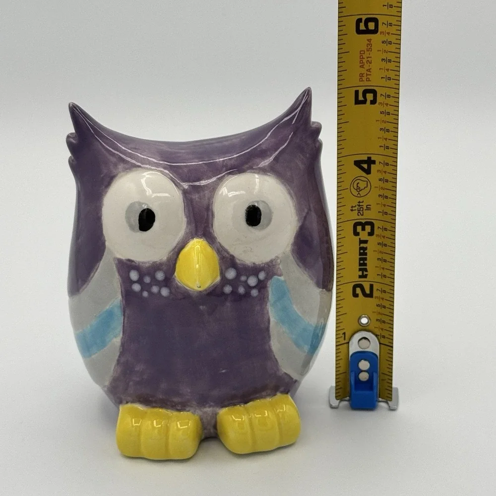 Purple Ceramic Owl Coin Bank Vintage Cute Kawaii Kids Room Decor Pottery